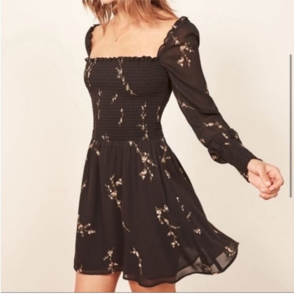 Reformation Kelli Smocked Long Sleeve Mini Dress Wildflower Black